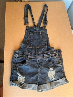Dolhouse Blue Distressed Denim Short Overalls